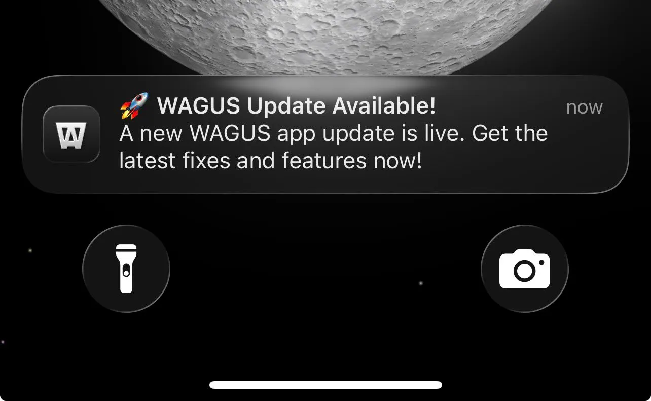 A WAGUS app notification altering a user to an update that is ready to be installed via Patchwing